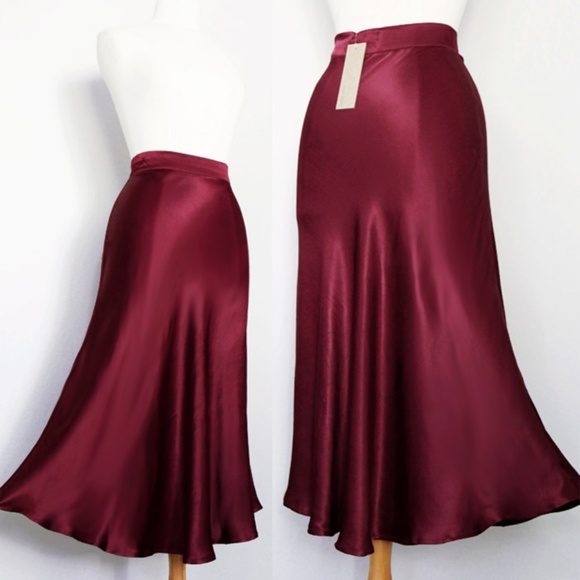 DO+BE Dresses & Skirts - Wine Silky Satin Bias Cut Flowy Drape Midi Skirt